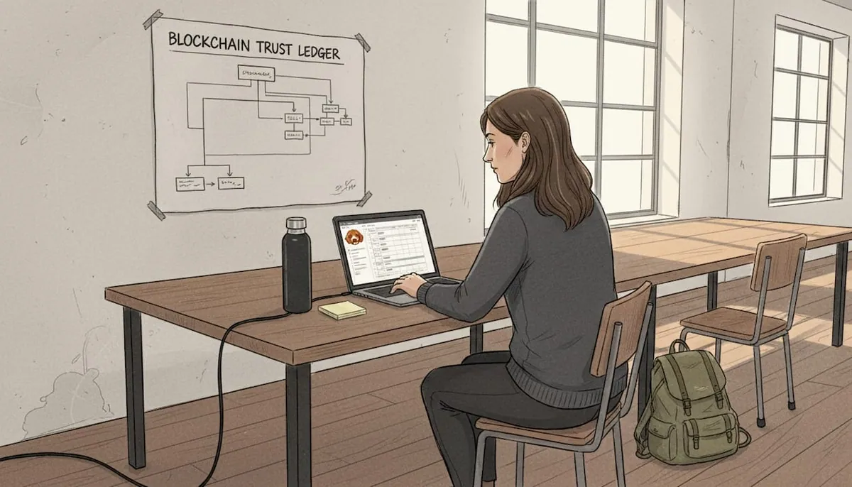 Engineer reviewing blockchain trust ledger flowchart